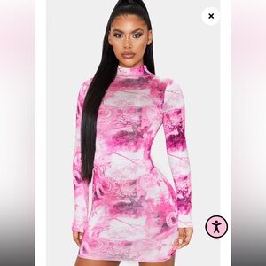 Hot Pink Dragon Print Slinky High Neck Long Sleeve Bodycon Dress